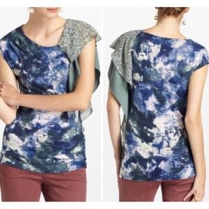 Deletta Anthropologie Blue Watercolored Flourish Top‎ Blouse Size S $68